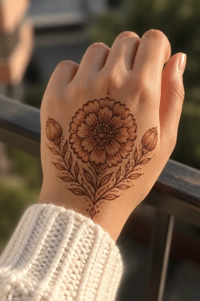 Back hand mehndi with a large marigold flower over knuckles and two small buds on each side