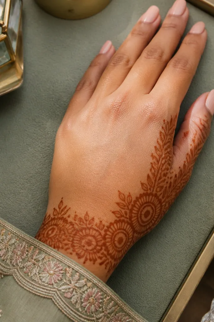 Back hand mehndi with a floral wrist band and a framed open center flower