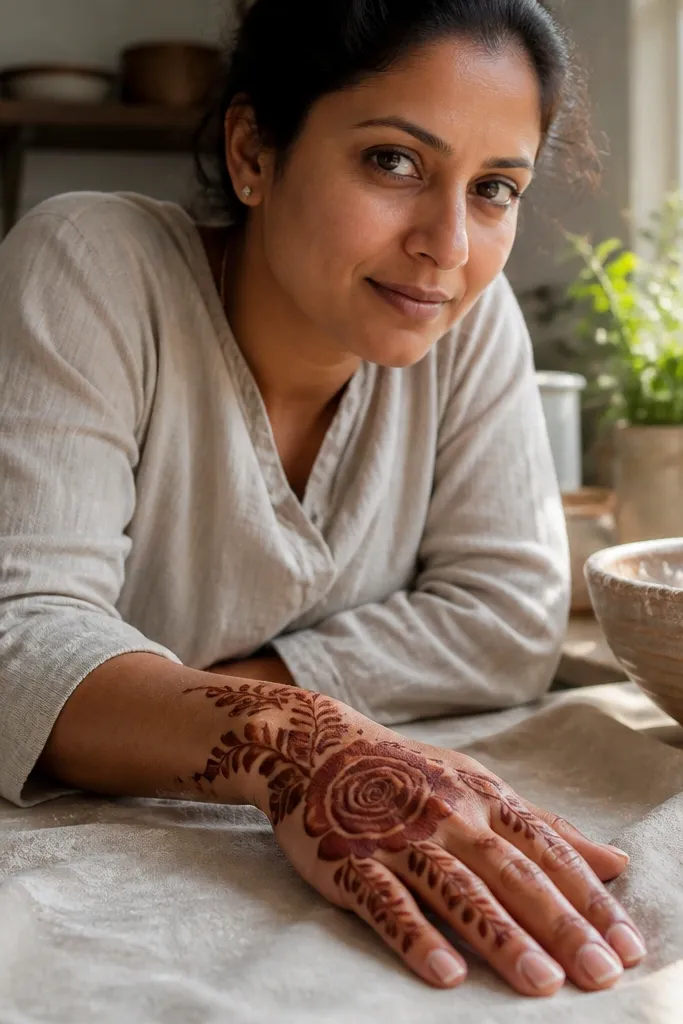 Back hand mehndi with a big rose in center and curved roses on both side vines