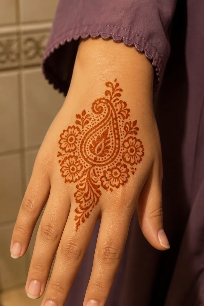Back hand mehndi with a paisley teardrop floral cluster centered over knuckles