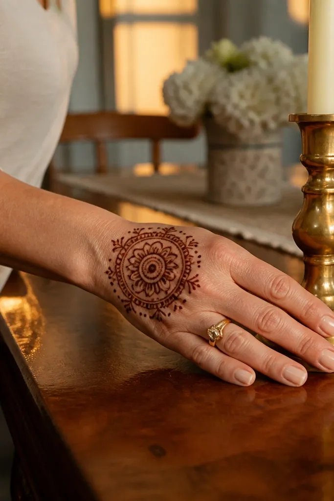 Back hand mehndi with a circular medallion flower and dot texture around it