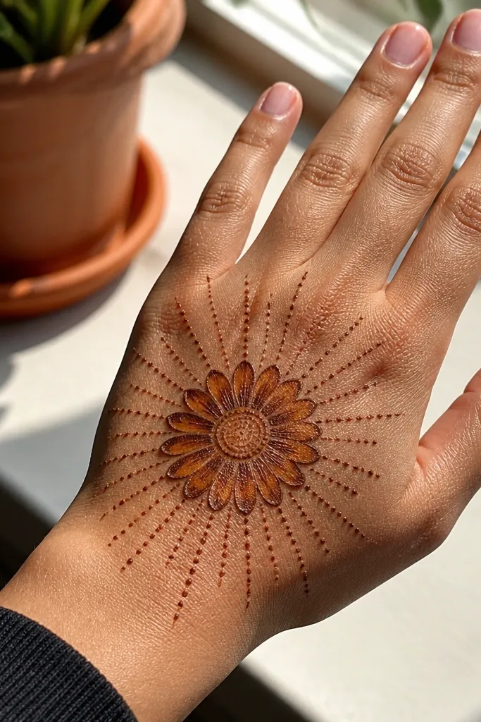 Back hand mehndi with a center flower and sunburst petal rays spreading outward