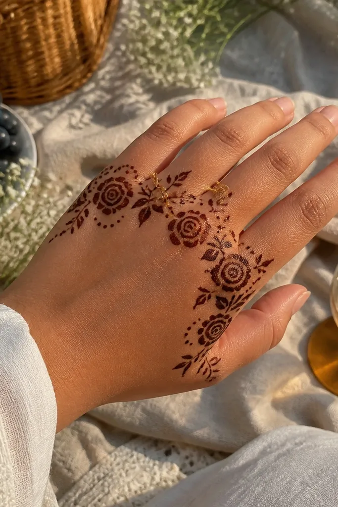 Back hand mehndi with a rose bud border stretching across the knuckles
