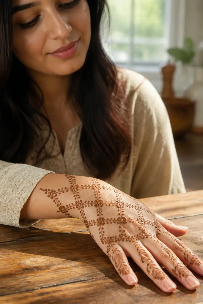Back hand mehndi with a light vine mesh and small flowers connecting the pattern