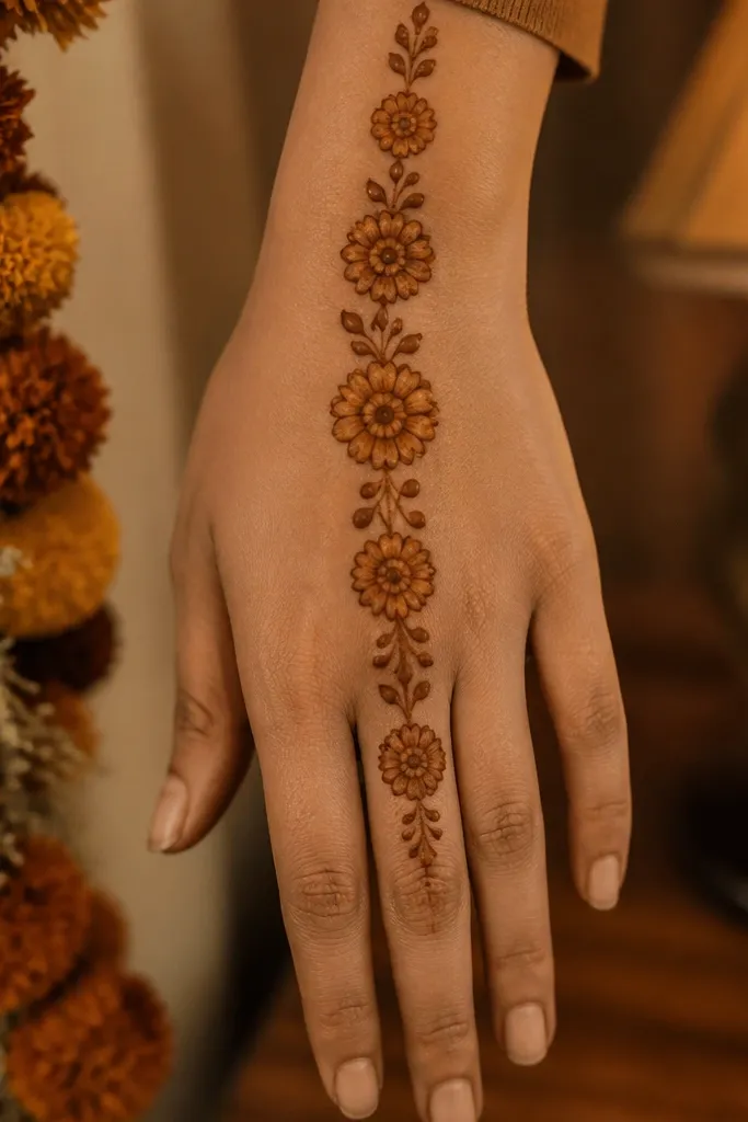 Back hand mehndi with a garland of flowers running from wrist up to knuckles
