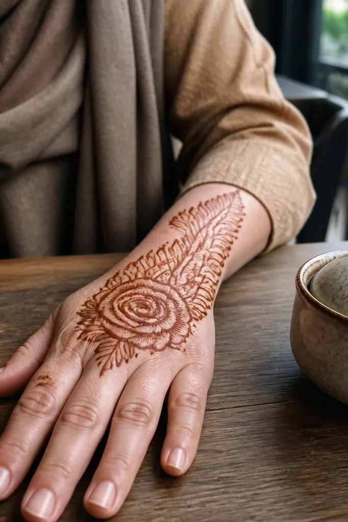 Back hand mehndi with one large flower and feather-like petal trail toward wrist
