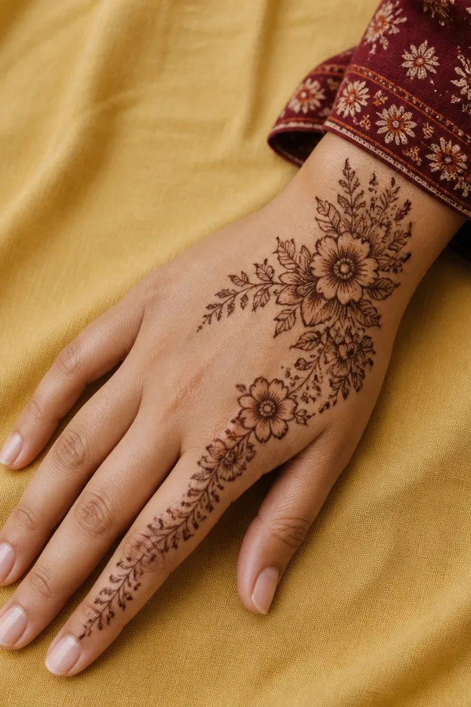 Back hand mehndi with two-tier floral corner and tiny buds leading inward