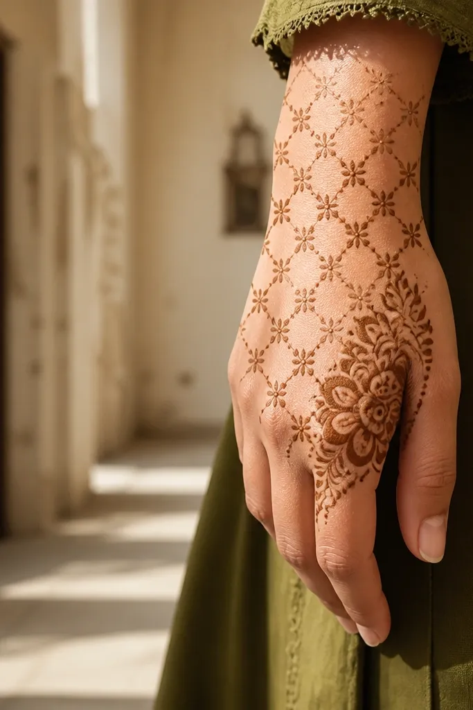 Back hand mehndi with lattice vine pattern and a floral cluster at knuckle corner