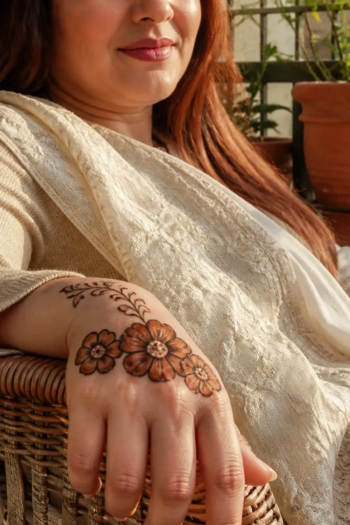 Back hand mehndi with three marigold flowers spaced across knuckles and wrist