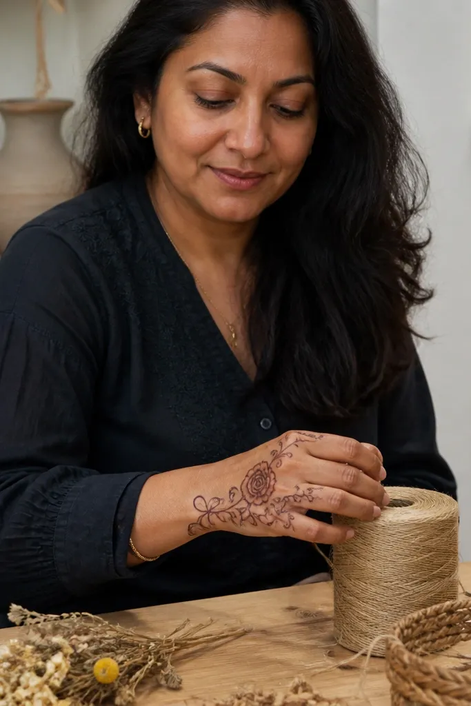 Back hand mehndi with rose vine and bow-like petal loops near knuckles