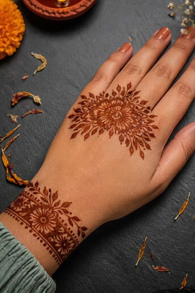 Back hand mehndi with floral wrist band and a burst of flowers over knuckles