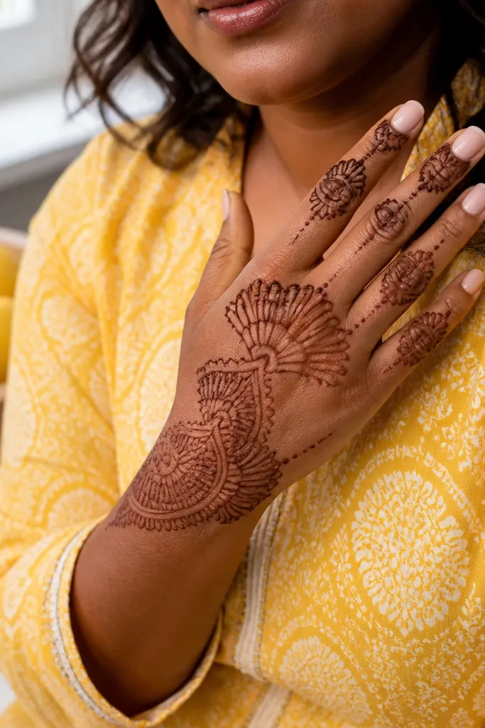 Back hand mehndi with a fan of petals and micro dot texture near the center