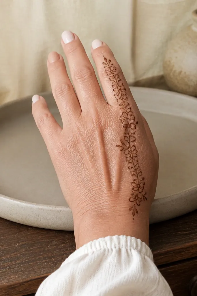 Back hand mehndi with a chain of floral drops running along the side edge