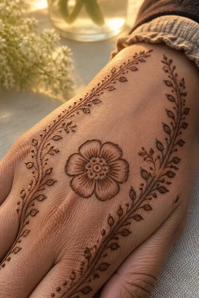 Back hand mehndi with a center bloom framed by two curved border vines