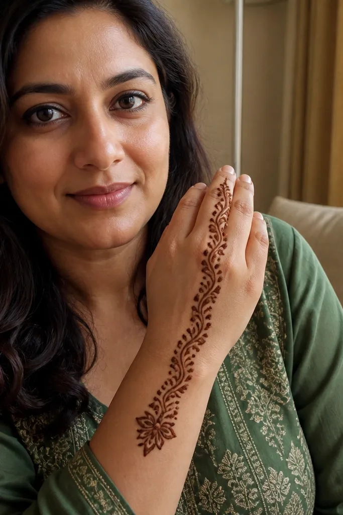 Back hand mehndi with teardrop garland flowers and a small wrist accent