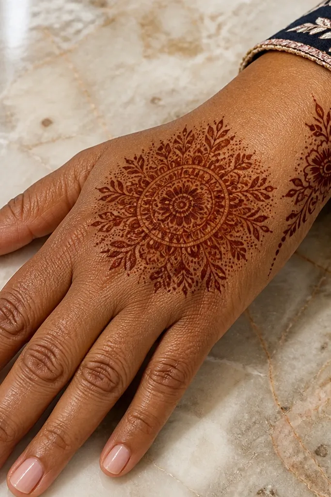 Back hand mehndi with a center medallion and a floral corner near wrist