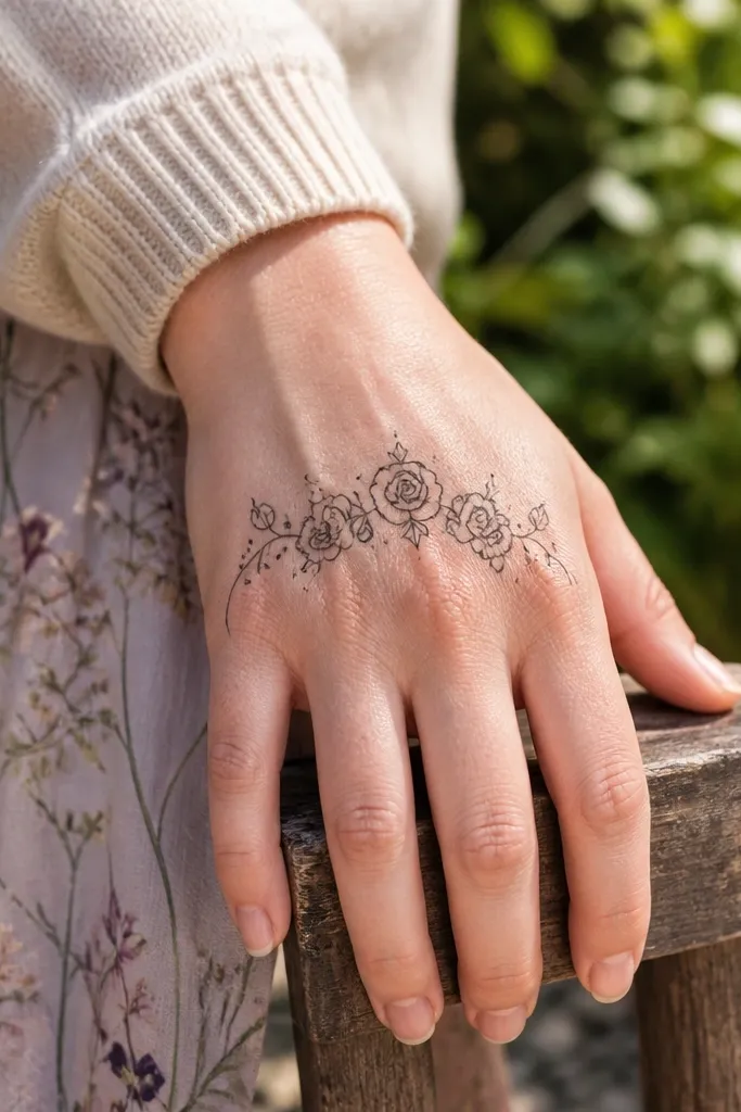 Back hand mehndi with rose buds arranged in a horizontal arc across knuckles