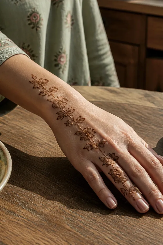 Back hand mehndi with a vine from wrist and small flowers stepping up to knuckles