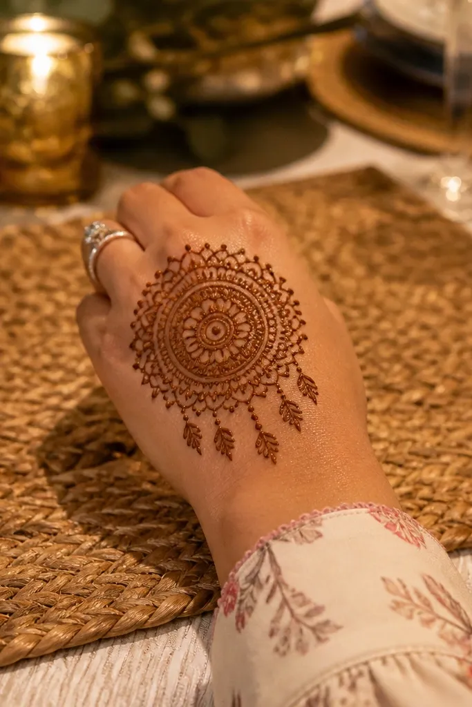 Back hand mehndi with a center medallion and teardrop dangles on both sides
