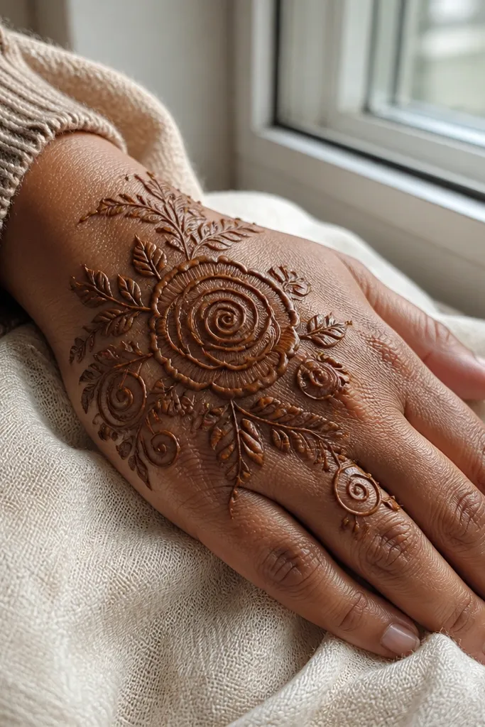 Back hand mehndi with a rose swirl and tiny buds around it