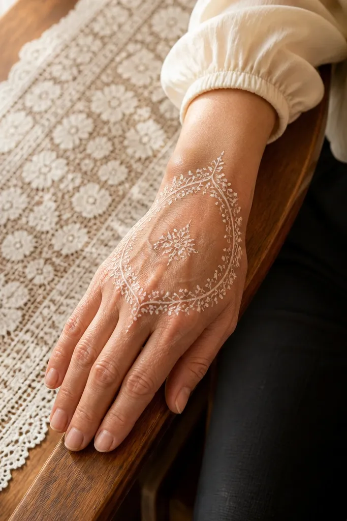 Back hand mehndi with lace-like floral border and open center over knuckles
