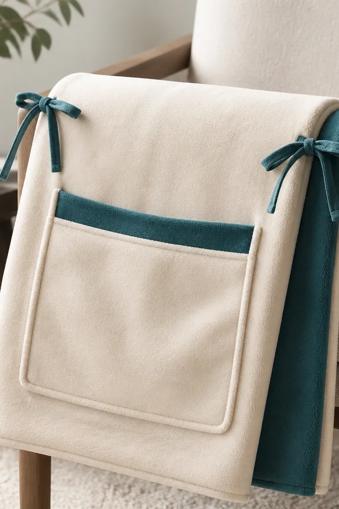 A small brushed fleece throw folded over a chair arm, showing a front pocket panel in cream with a contrast teal pocket opening and two matching tie strings at the top corners.