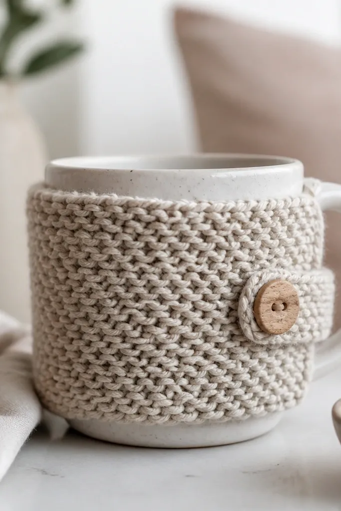A large knit mug cozy in oatmeal yarn wrapped around a ceramic mug, with a short strap and a wooden button closure on the side.