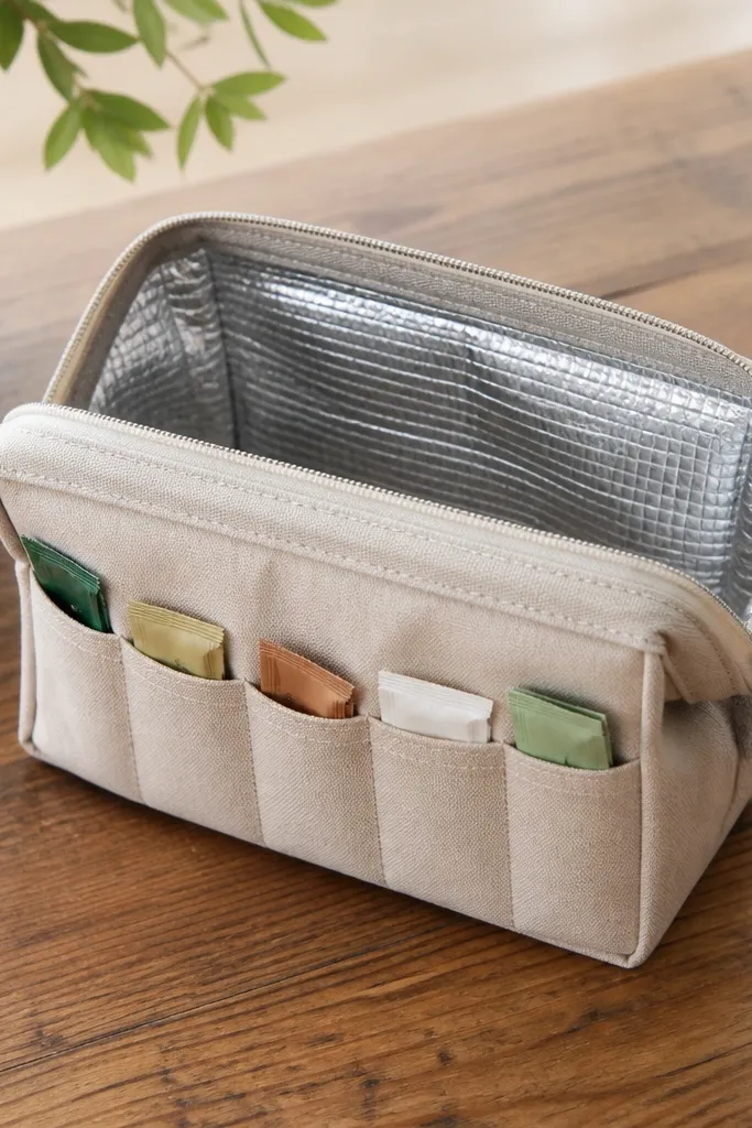 A small zip pouch on a wooden table, showing a front pocket with multiple tea packet slots and a silver heat-resistant lining visible when open.