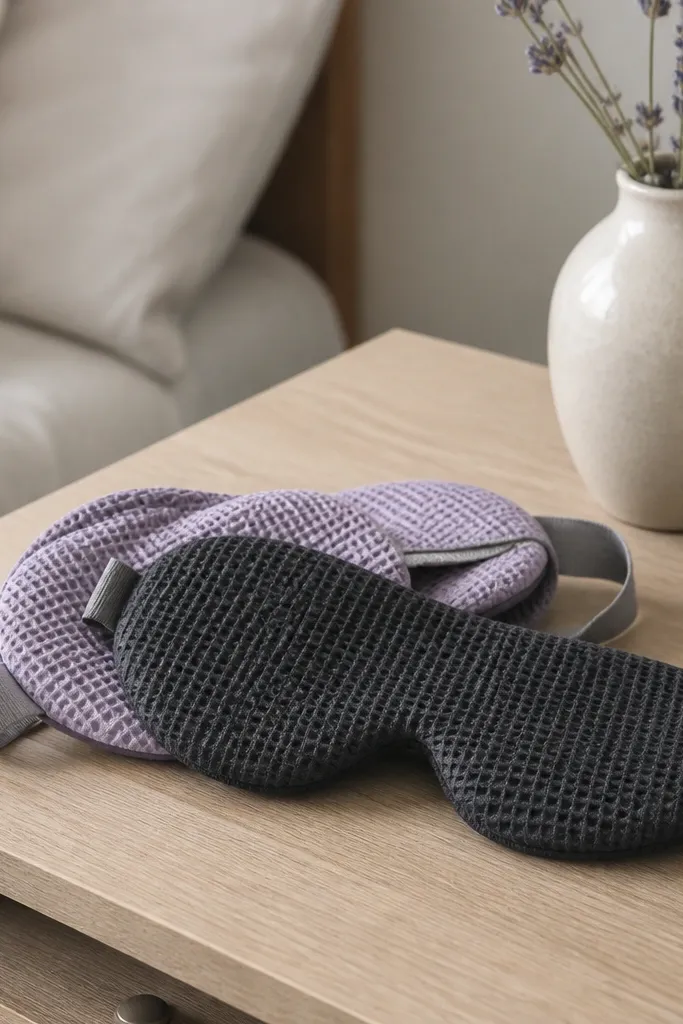 A pair of waffle-knit eye masks stacked on a bedside table, one shown folded with a pale lavender back and black-gray front, with soft elastic straps attached.