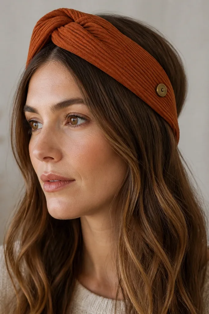 A ribbed cotton headband wrapped in a twist knot on top, shown in rust orange with a small brass button on the side.