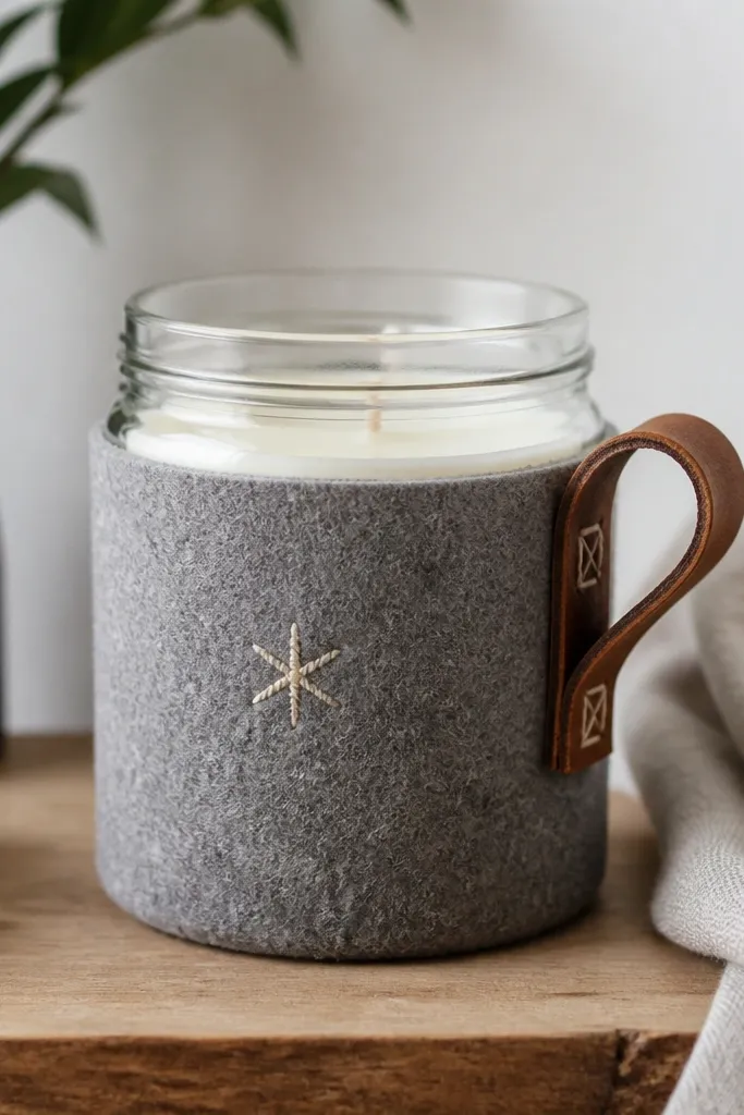 A felt sleeve around a jar candle, with a leather loop handle stitched to the side and a small embroidered star.
