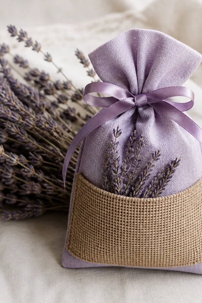 A small sachet bundle in lavender fabric with a burlap pocket, tied with a ribbon and shown next to dried lavender stems.