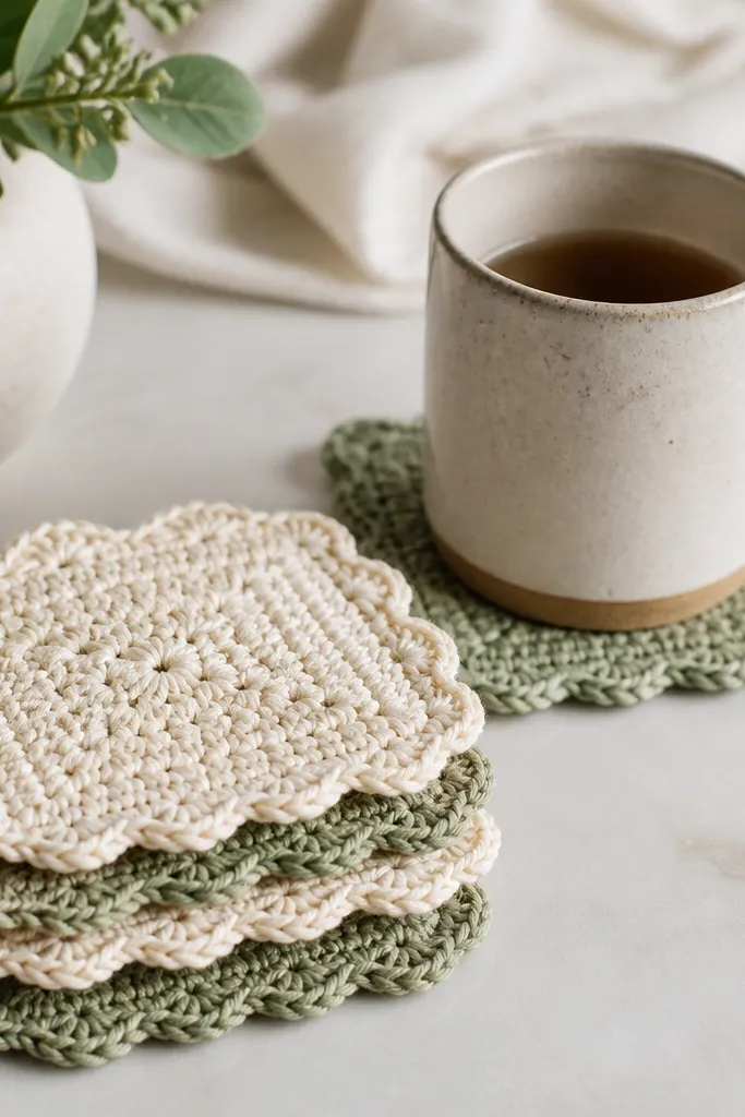Four crocheted coasters in alternating cream and sage squares, each with a scalloped edge, stacked beside a mug.