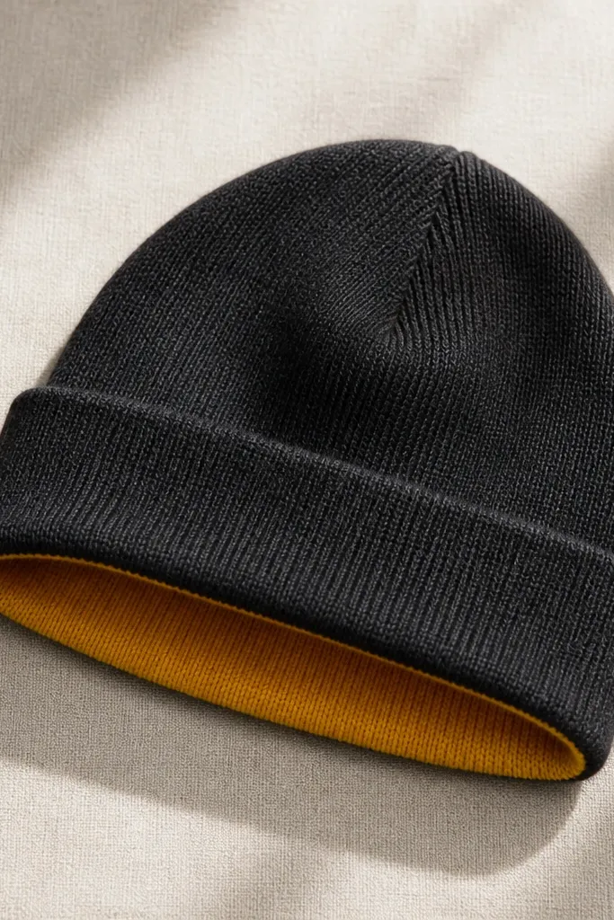 A reversible knit beanie laid flat, showing a charcoal outer with a bright mustard band inside, with a folded cuff.