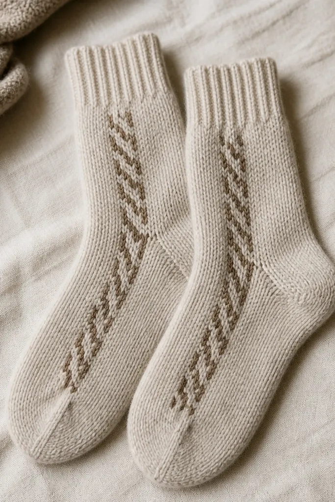 A pair of cozy socks made from soft knit fabric, with a stitched faux cable pattern down the front in a slightly darker shade.