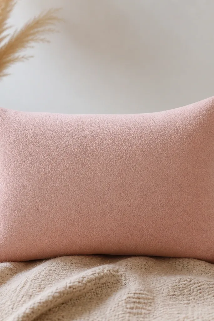 A rectangular fleece pillow with a front panel in blush pink and a cream back, tied closed with pom pom tassels at the corners.