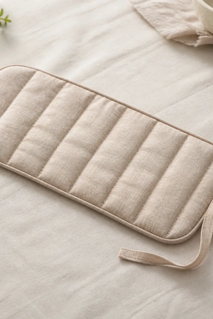 A rectangular neck wrap with rounded ends in soft cotton, showing stitched channels filled with rice, with a fabric tie strap on the side.