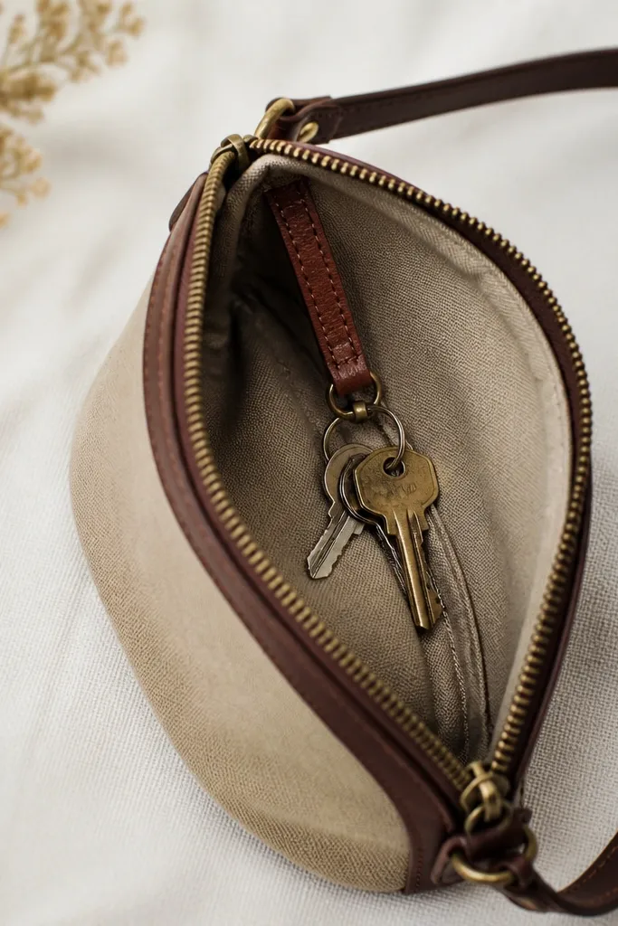 A small crossbody pouch made from canvas with a leather trim edge and a key clip inside, shown with keys attached.