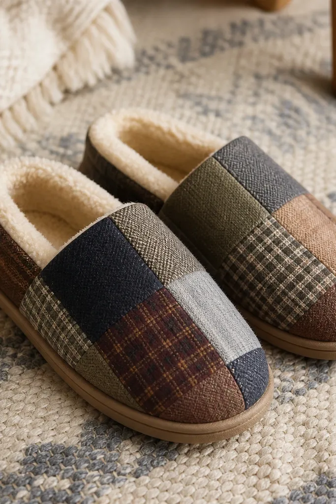 Patchwork slippers with a patchwork upper in muted plaids and solids, and a visible fleece lining in cream, sitting on a rug.