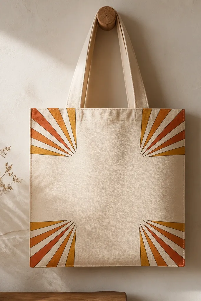 A cream canvas tote with four corner sunburst rays radiating from each corner. Rays alternate honey yellow and terracotta, with a thin burnt umber outline around the outer edge of each burst.