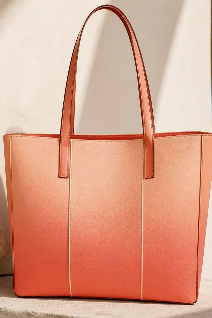 A tote with three wide vertical stripes that fade from pale peach at the top to deeper coral at the bottom. The edges are clean and slightly darker, with a thin white highlight line separating stripes.
