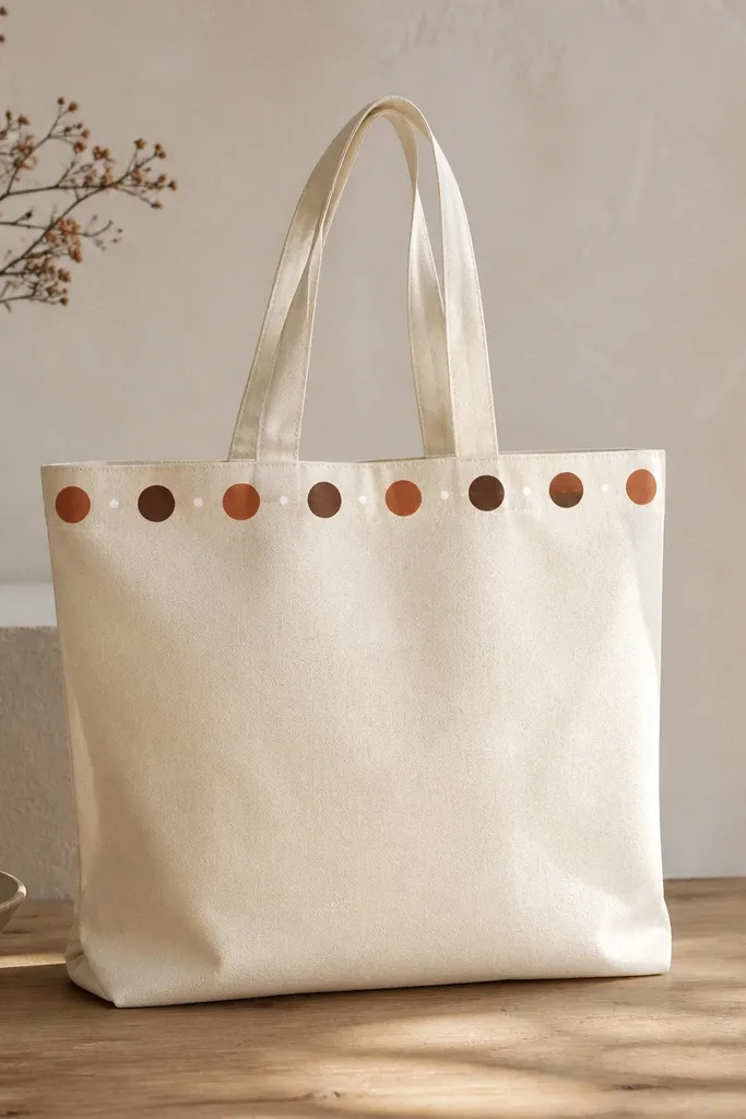 A cream tote with a 1-inch border along the top edge. The border alternates terracotta dots and burnt umber dots, with tiny white dots between them for sparkle.