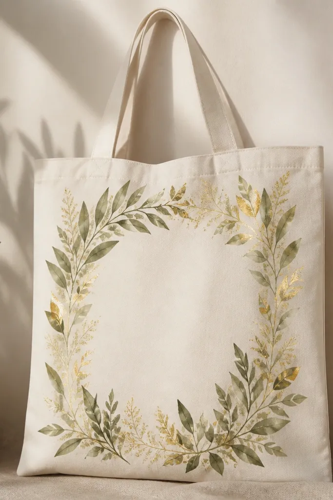A tote with a loose rectangular frame around the center. The frame looks like olive-green and gold leaf sprigs sprayed in, with soft edges and a few bright gold highlights.