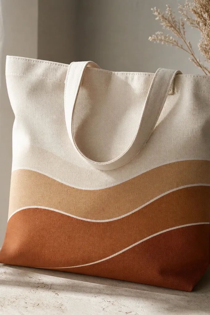 A tote with three flowing wave lines across the lower half. Colors go from warm cream to caramel brown to deep cinnamon, with white highlights on each wave crest.