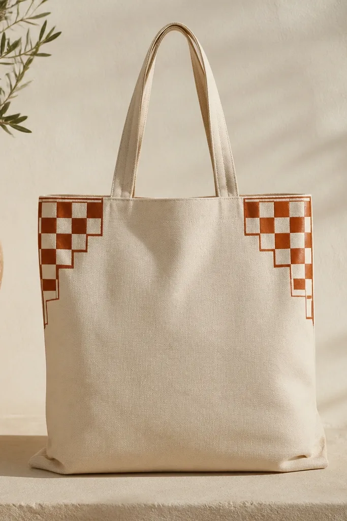 A tote with a checkered pattern only in the top corners. Small squares alternate between terracotta and cream, with a thin border line in burnt umber around the check area.