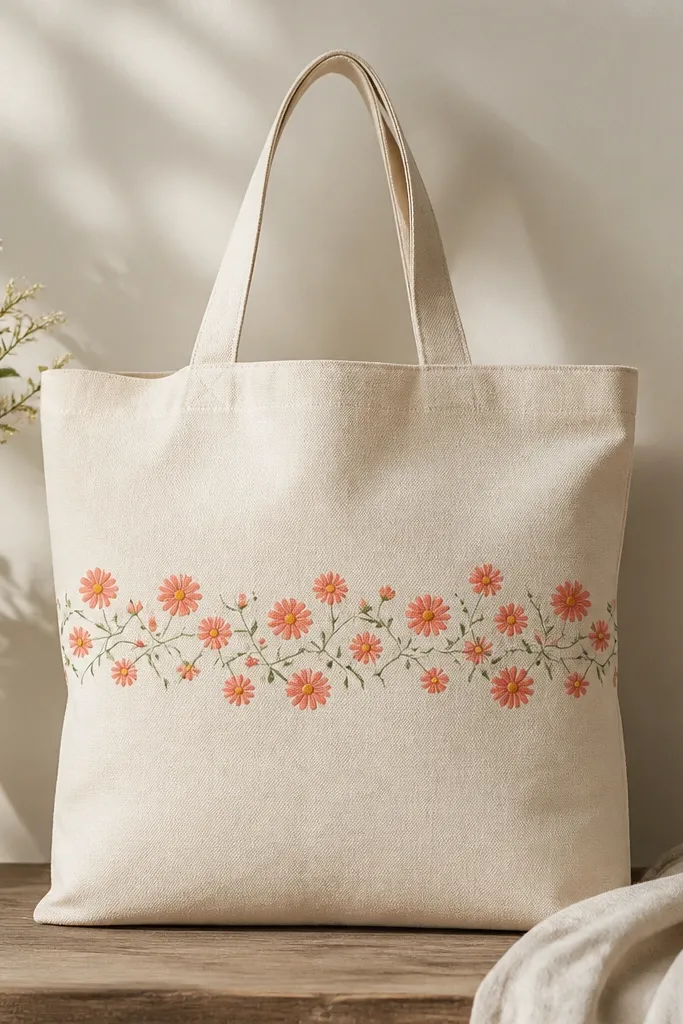 A tote with a horizontal band across the middle filled with small coral daisies connected by thin green stems. Each daisy has a warm yellow center with a tiny white dot highlight.
