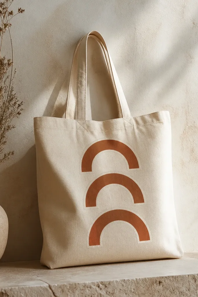 A tote with three terracotta half-arch shapes stacked vertically, each outlined in cream. The arches have a cutout look where the canvas shows through inside the arch.