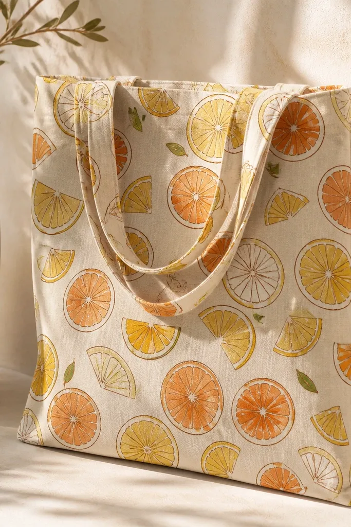A tote covered in scattered citrus slice shapes. Slices are painted in pale yellow, orange, and a little white, with tiny leaf tips in olive green and thin burnt umber outlines.