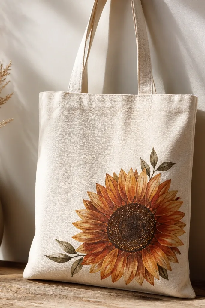 A tote with one large sunflower on the lower front. Petals are warm rust and golden yellow, the center is textured with dotting, and a few small leaves sit beside the bloom.