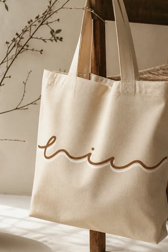 A tote with a single line of warm script across the front in cocoa brown. The letters have small dot accents and a light cream shadow under parts of the text.